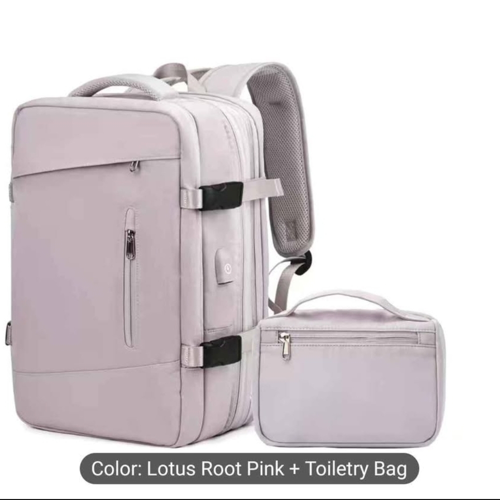 Expandable Travel luggage backpack with toiletries bag in pink
